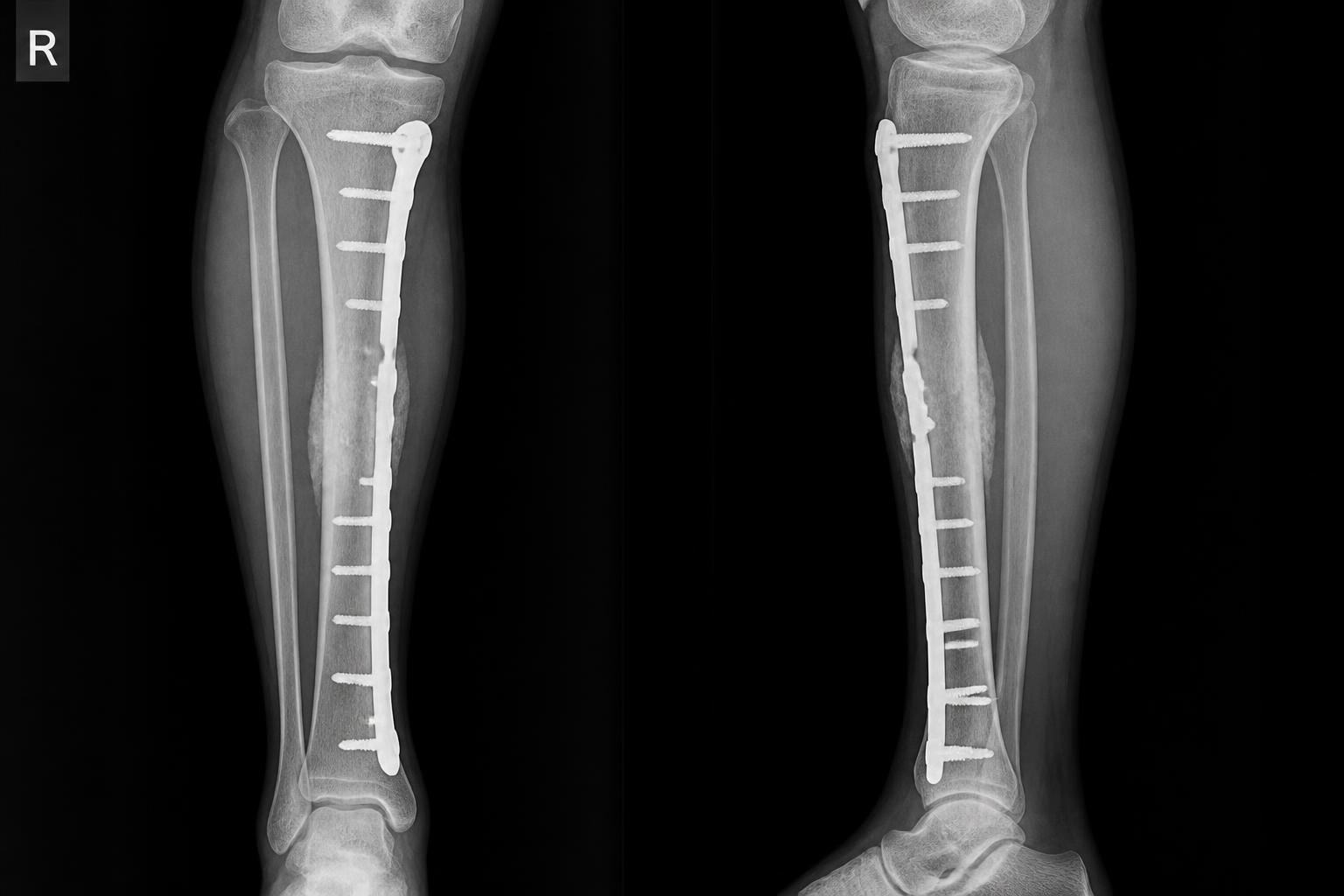 Röntgenbild eines verheilten Schienbeinbruchs mit Osteosynthese-Platte